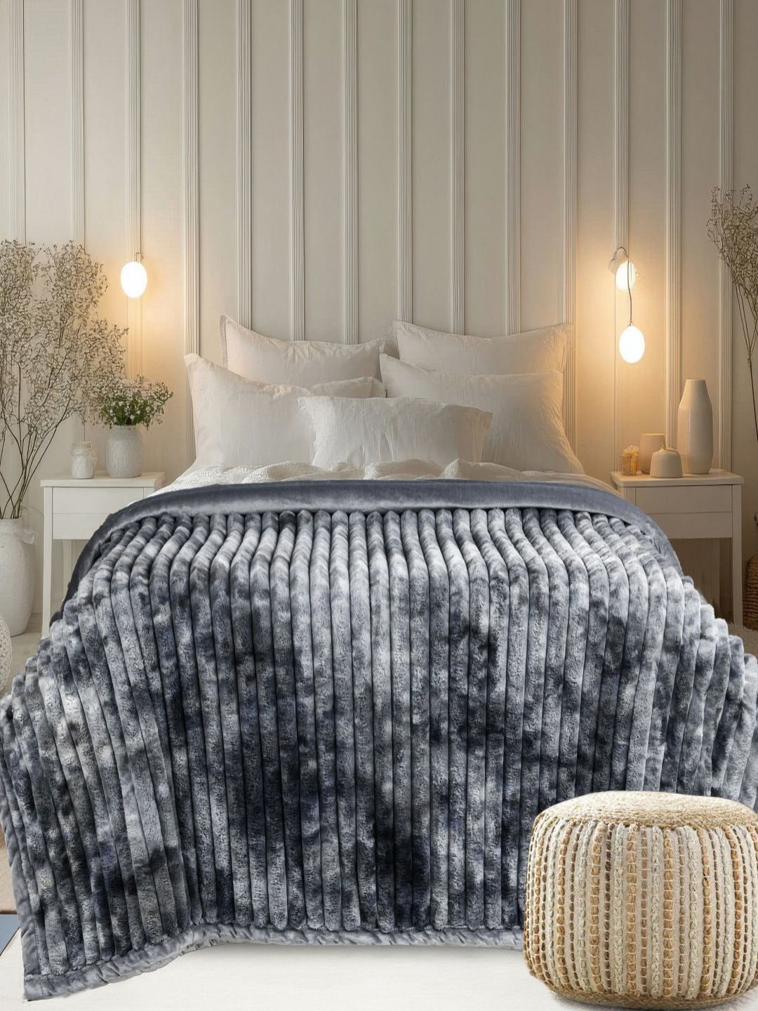 GAPU & BALY Charcoal & White Abstract Fur 300 GSM Heavy Winter Double Bed Blanket
