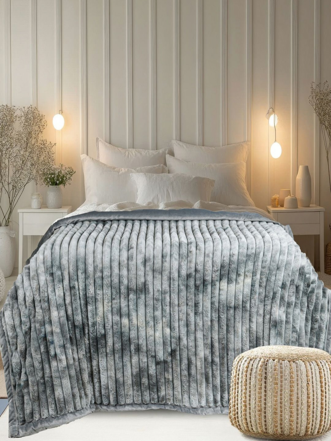 GAPU & BALY Grey & White Abstract Fur 300 GSM Heavy Winter Double Bed Blanket