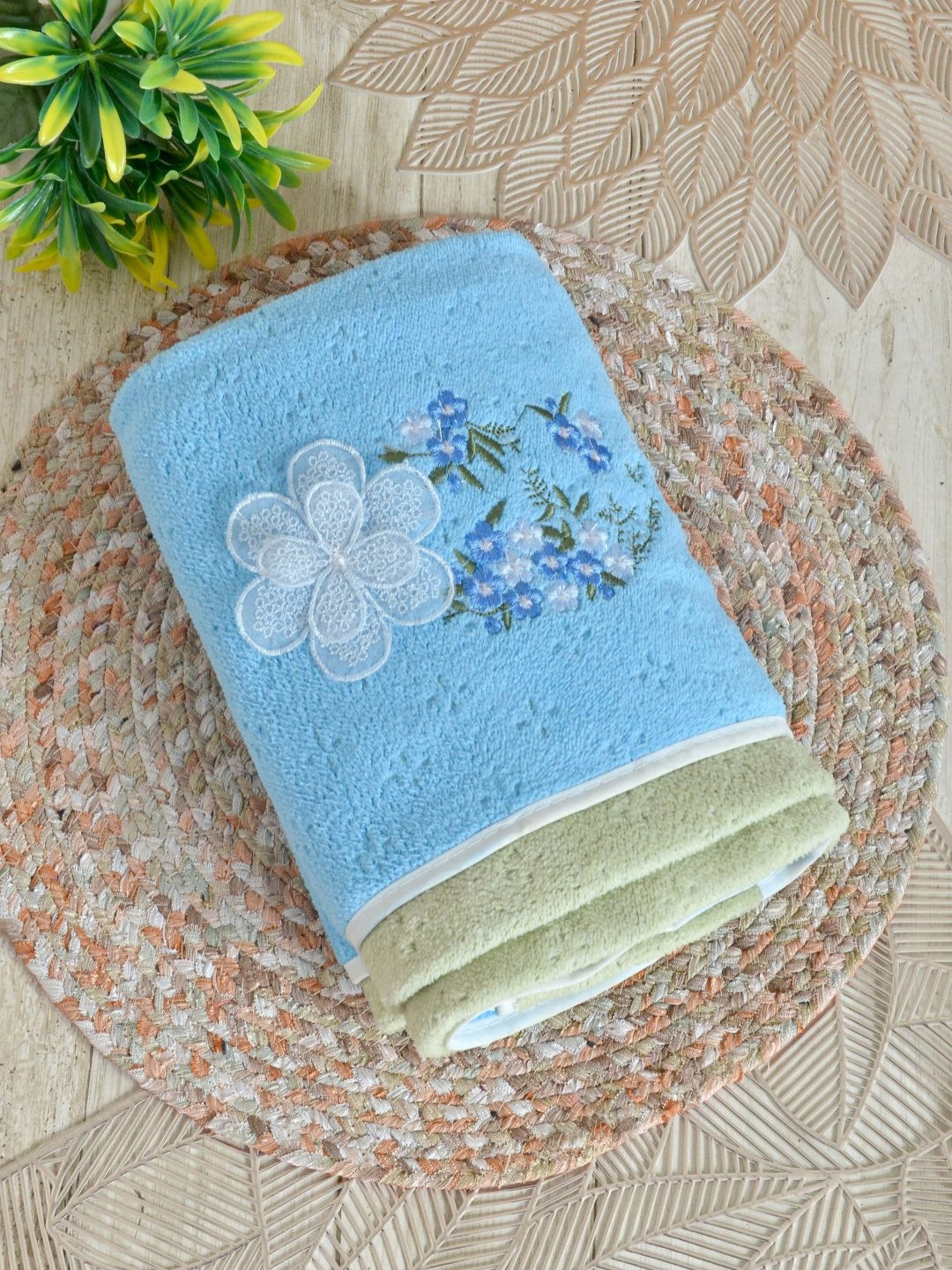 FABINALIV Blue & Green Floral Design 300 GSM Cotton Bath Towel