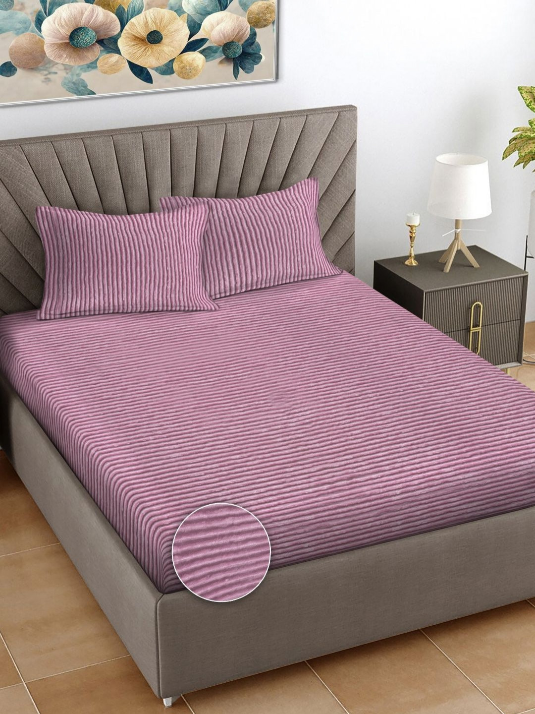 FABINALIV Pink Striped Wool 300 TC Fitted King Fine Bedsheet with 2 Pillow Covers-98 x 89 inches