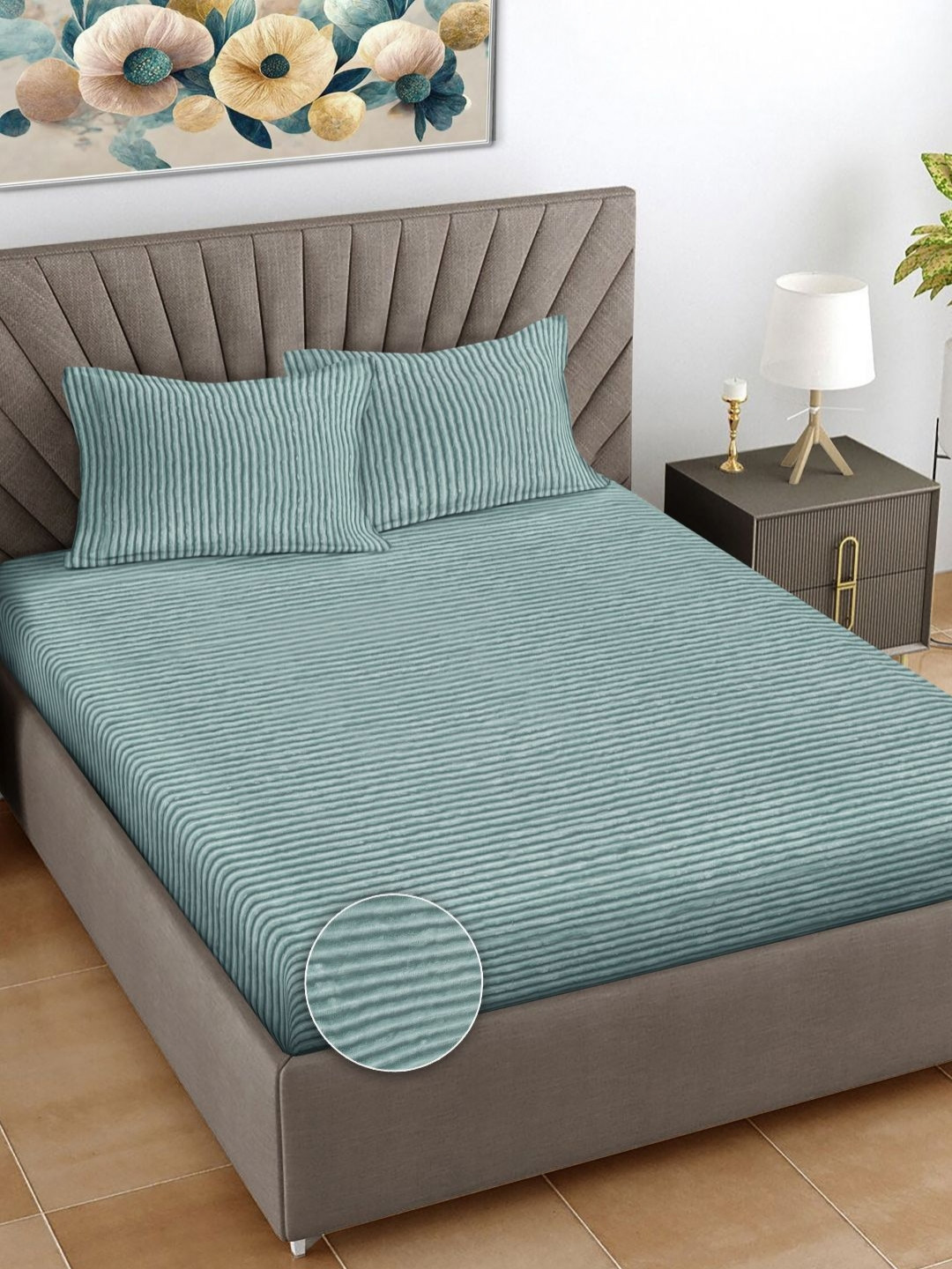 FABINALIV Green Striped Wool 300 TC Fitted King Fine Bedsheet with 2 Pillow Covers-250 x 225 cm