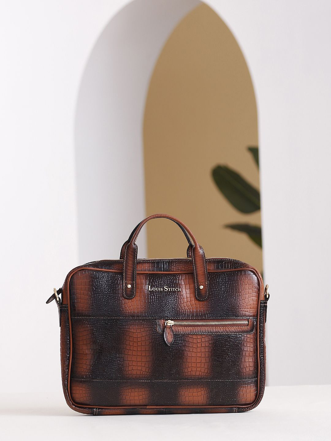 LOUIS STITCH Textured Italian Leather Tan Slim Dual Tone Laptop Bag