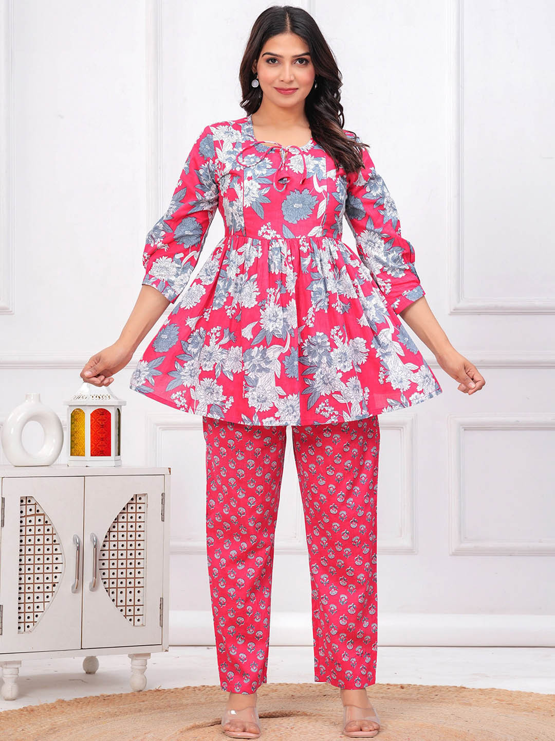 CELEBRAVO Floral Printed Maternity Peplum Style Pure Cotton Kurti With Trousers
