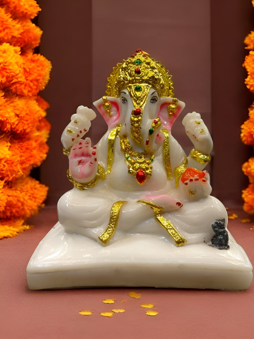 SANKALAN CREATIONS Ganesha White Marble Glossy Prayer Room Medium Showpiece - 6.3 Inches