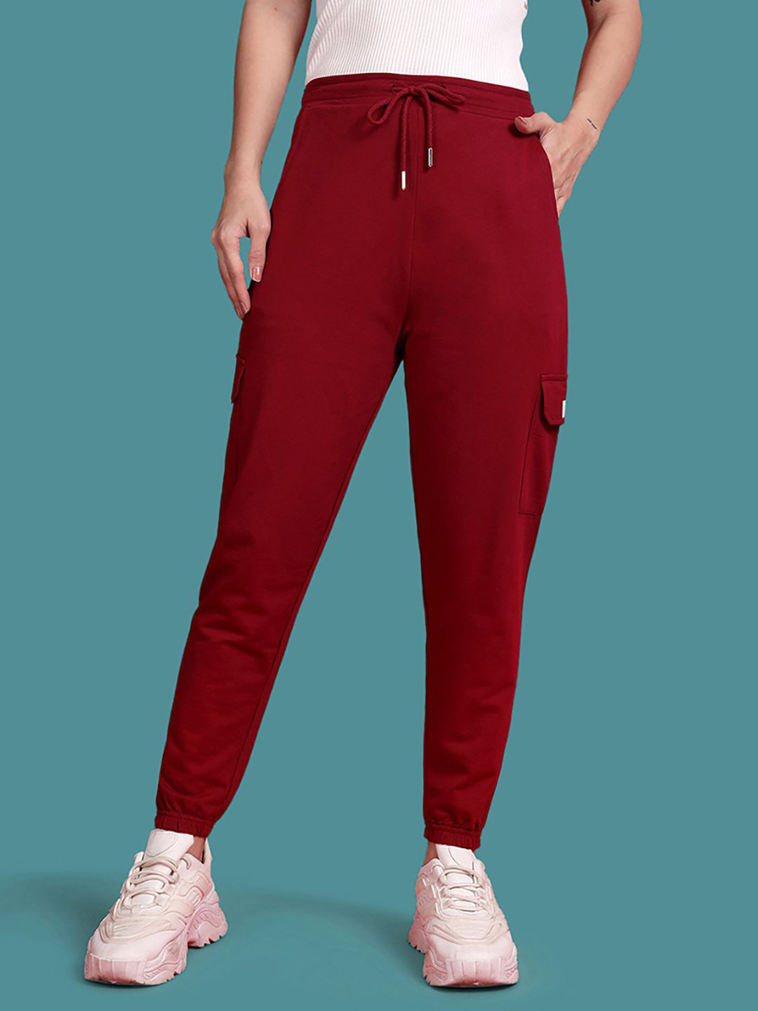 TWIN BIRDS Women Cotton Solid Mid Rise Joggers with Adjustable Fit & cargo Pockets