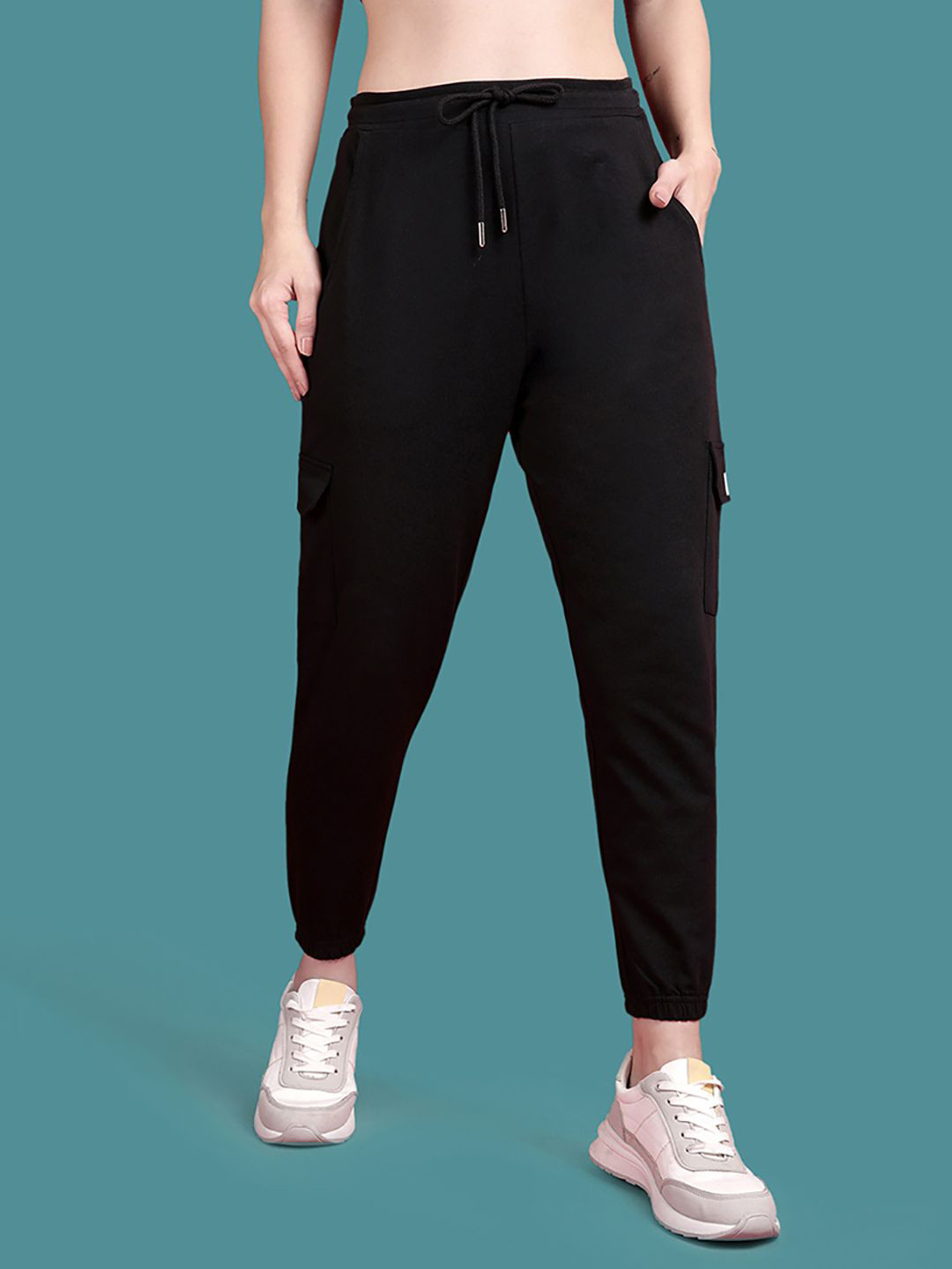 TWIN BIRDS Women Soft Cotton Solid Mid Rise Joggers with Adjustable Fit and cargo Pockets
