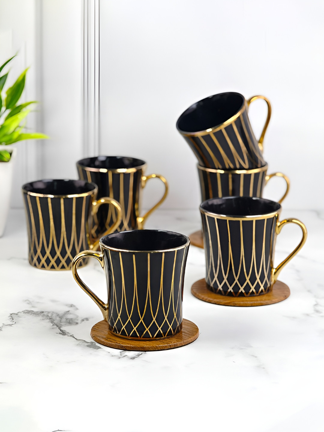 UPC Black & Gold-Toned 6 Pieces Abstract Printed Ceramic Glossy Cups