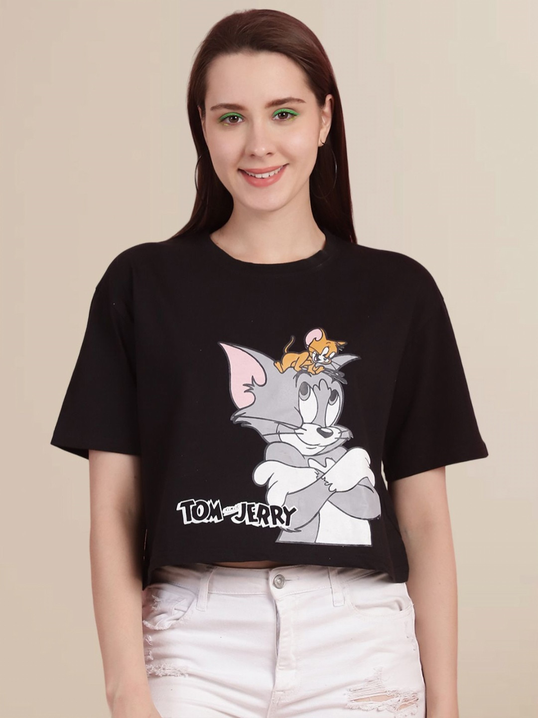 TOM AND JERRY by Dreambe Women Tom & Jerry Graphic Printed Round Neck Cotton Boxy T-shirt