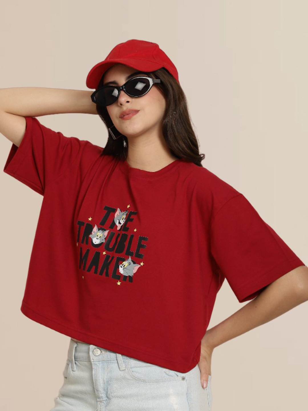 TOM AND JERRY by Dreambe Women Typography Printed Round Neck Cotton Boxy T-shirt