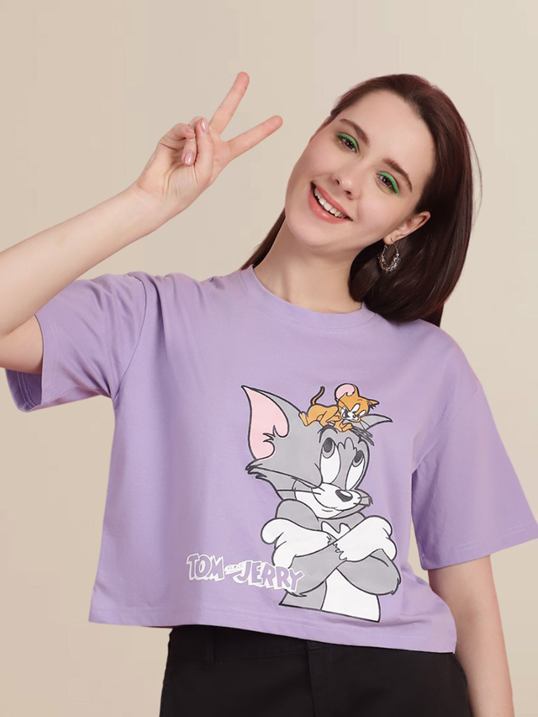 TOM AND JERRY by Dreambe Women Tom & Jerry Graphic Printed Round Neck Cotton Boxy T-shirt