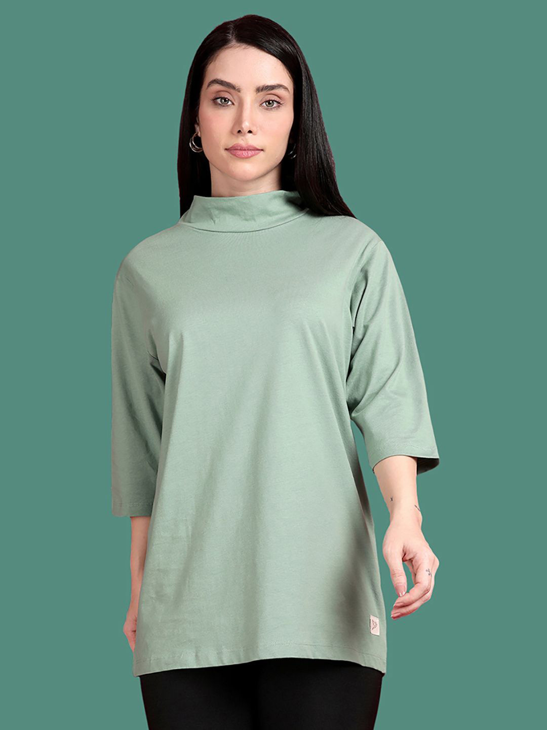 TWIN BIRDS Women Solid High Neck Cotton Oversized T-shirt