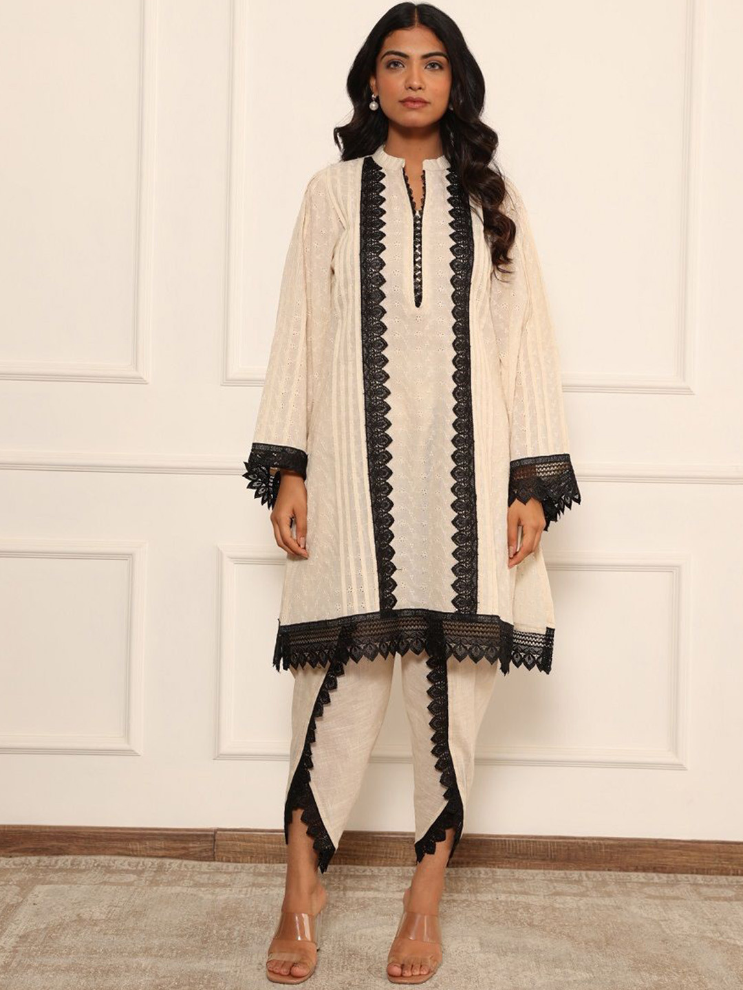 IMROZ HOUSE Floral Embroidered Organic Cotton Flared Sleeves A-Line Fusion Kurta with Dhoti Pants