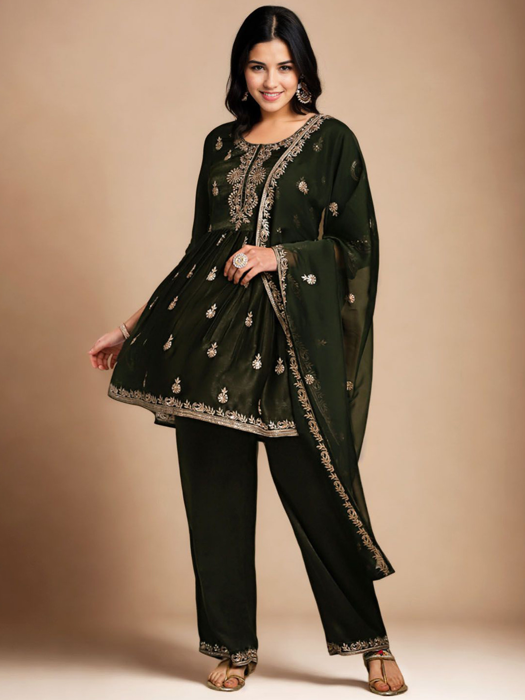 Anouk Olive Green Ethnic Motifs Embroidered Velvet Anarkali Kurta & Palazzos & Dupatta
