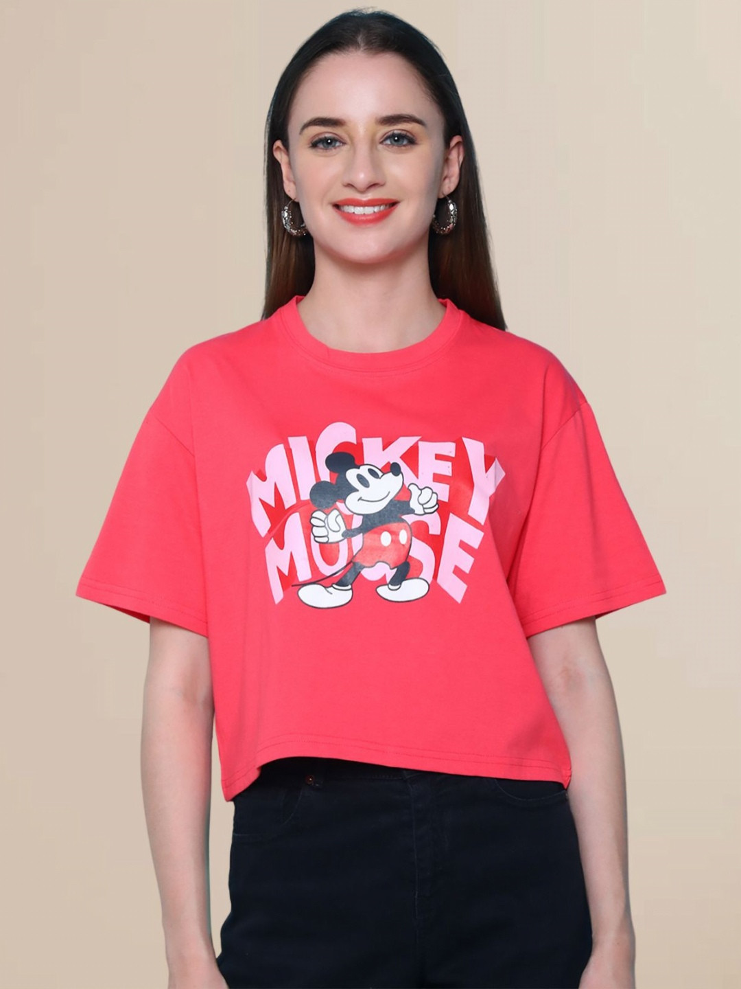 DISNEY by Dreambe Women Mickey Mouse Typography Printed Round Neck Cotton Boxy T-shirt