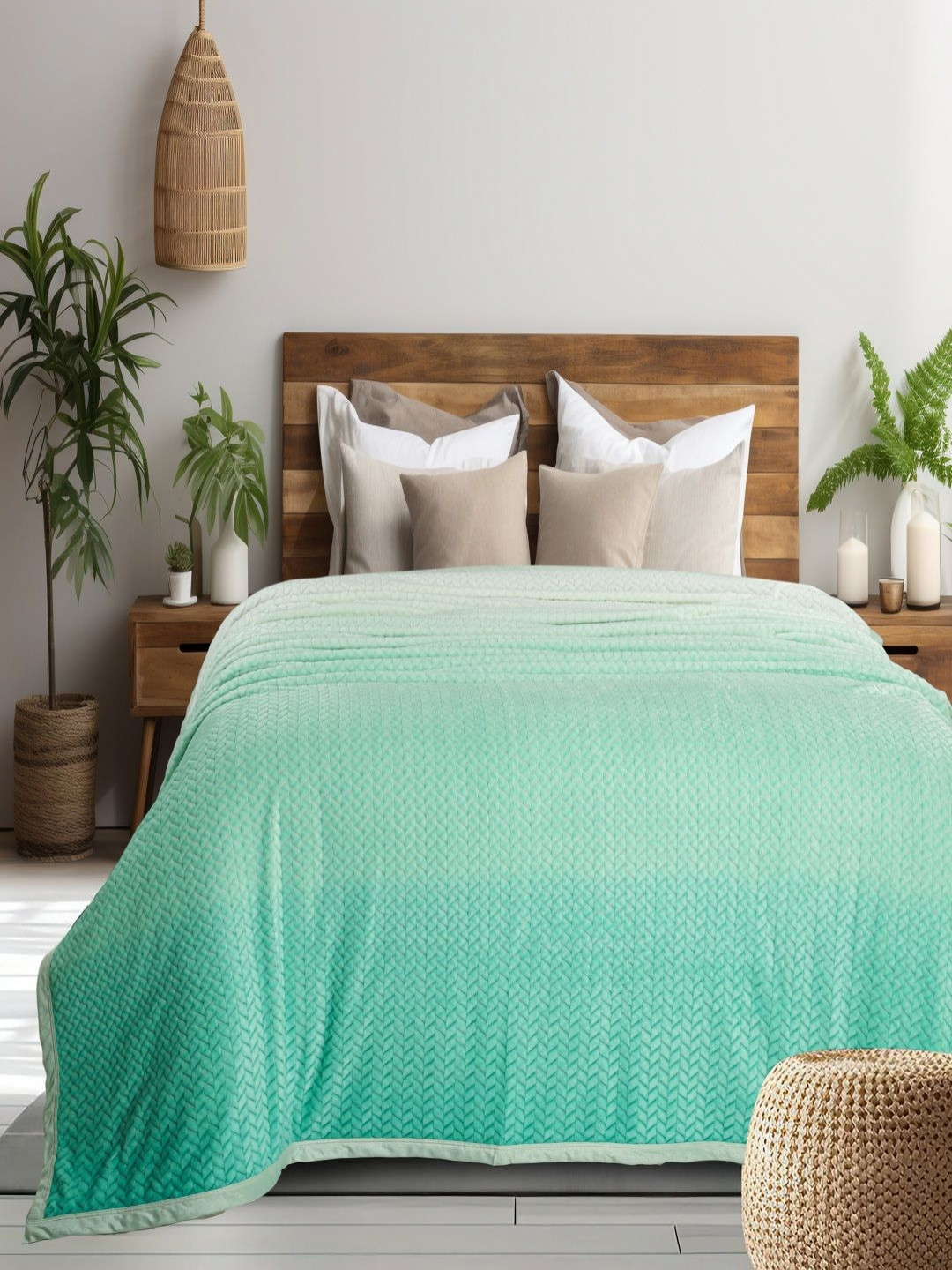 GAPU & BALY Green & White Striped Microfiber 300 GSM AC Room Single Bed Blanket