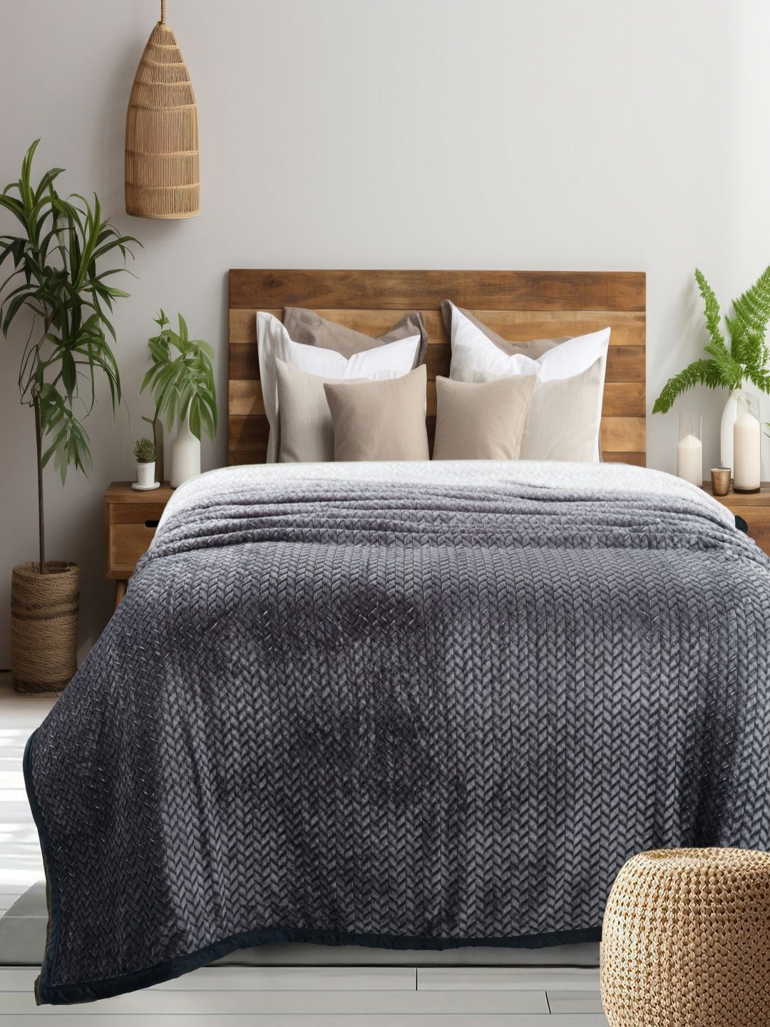 GAPU & BALY Charcoal & White Striped Microfiber 300 GSM AC Room Single Bed Blanket