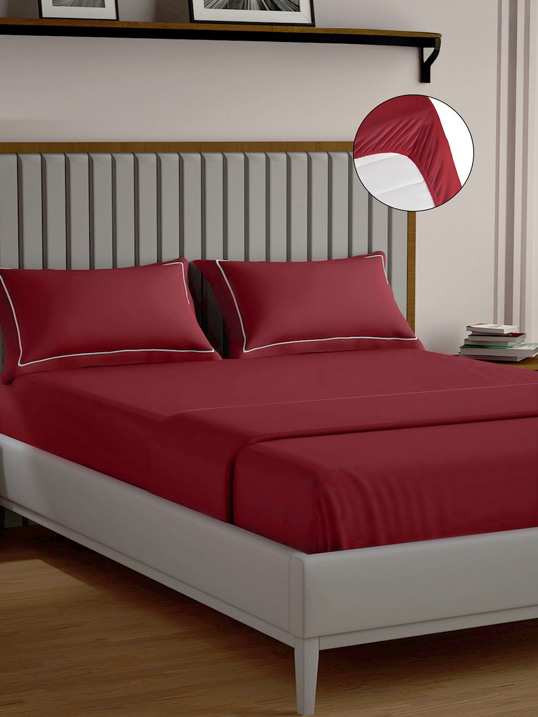 Mulberry Living Red 250TC Cotton Fitted King Bedsheet with 2 Pillow Covers 1.98 m x 1.82 m
