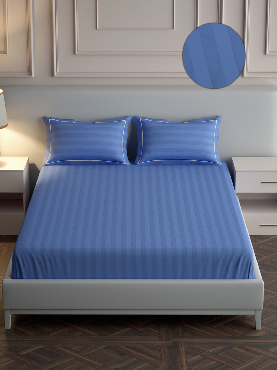 Mulberry Living Elysian Stripes Navy Blue Striped Pure Cotton 300 TC Queen Fine Bedsheet with 2 Pillow Covers-90 x 108 inches