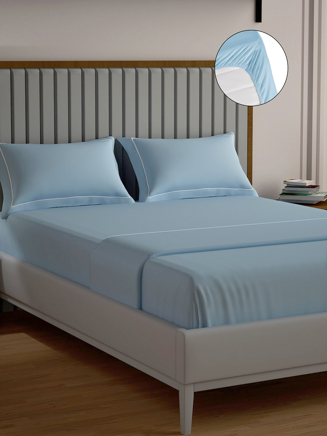 Mulberry Living Blue Cotton 250 TC Fitted King Fine Bedsheet with 2 Pillow Covers-78 x 72 inches