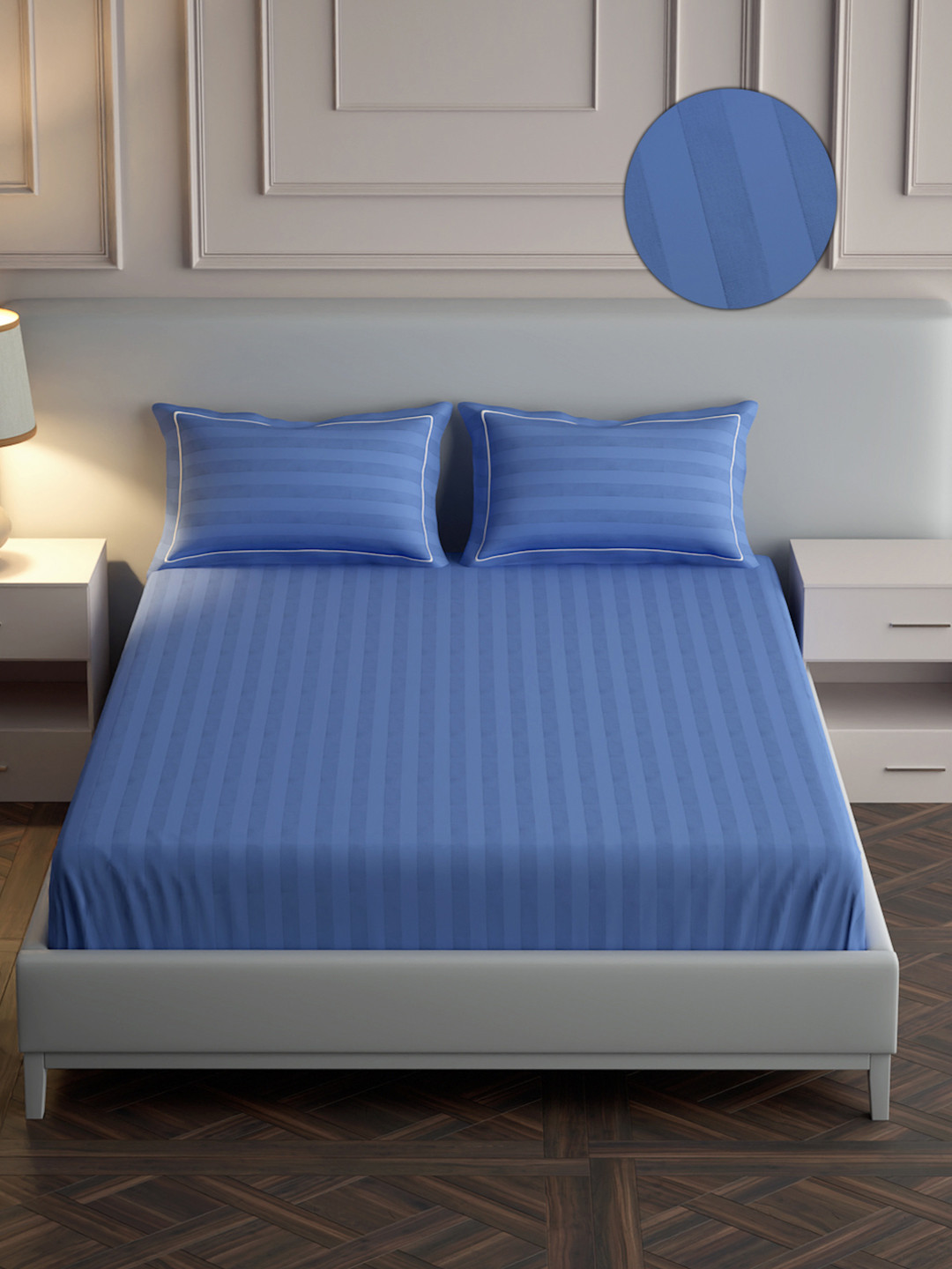Mulberry Living Elysian Stripes Navy Blue Striped Pure Cotton 300 TC King Fine Bedsheet with 2 Pillow Covers-108 x 108 inches