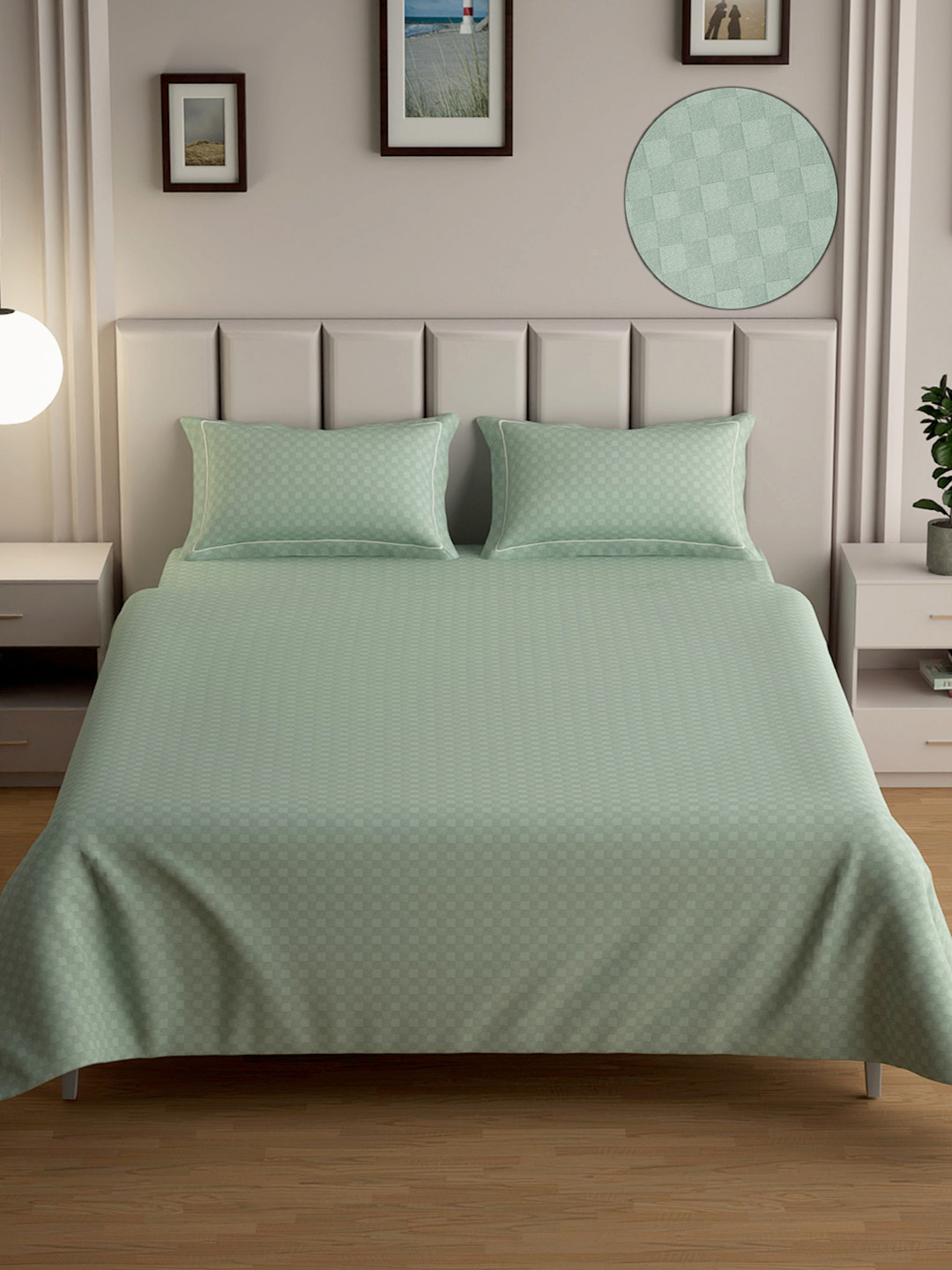 Mulberry Living Urban Grid Green Checked Pure Cotton 300 TC Queen Fine Bedsheet with 2 Pillow Covers-90 x 108 inches