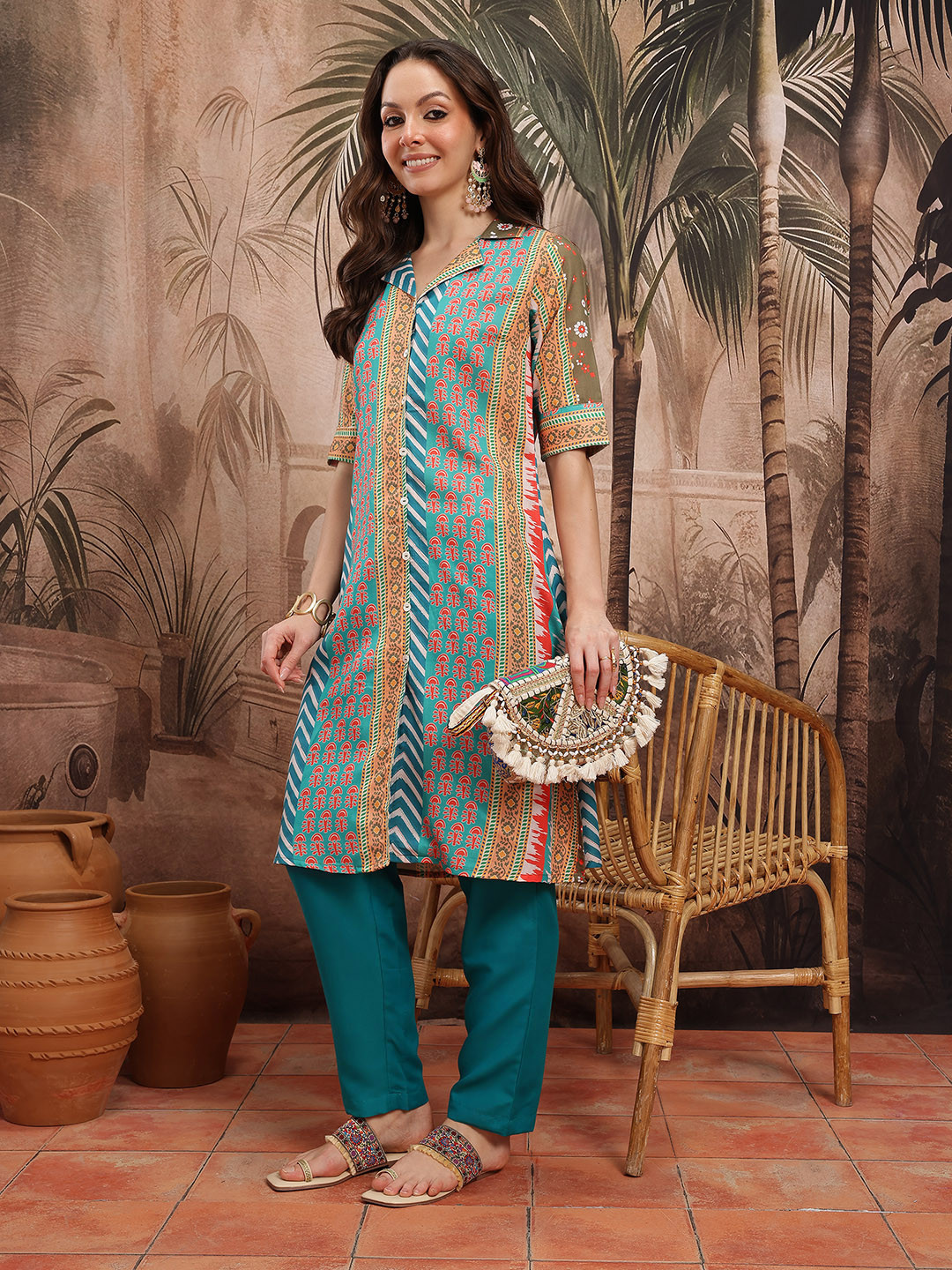 Sangria Floral Printed Shirt Design Kurta with Trousers