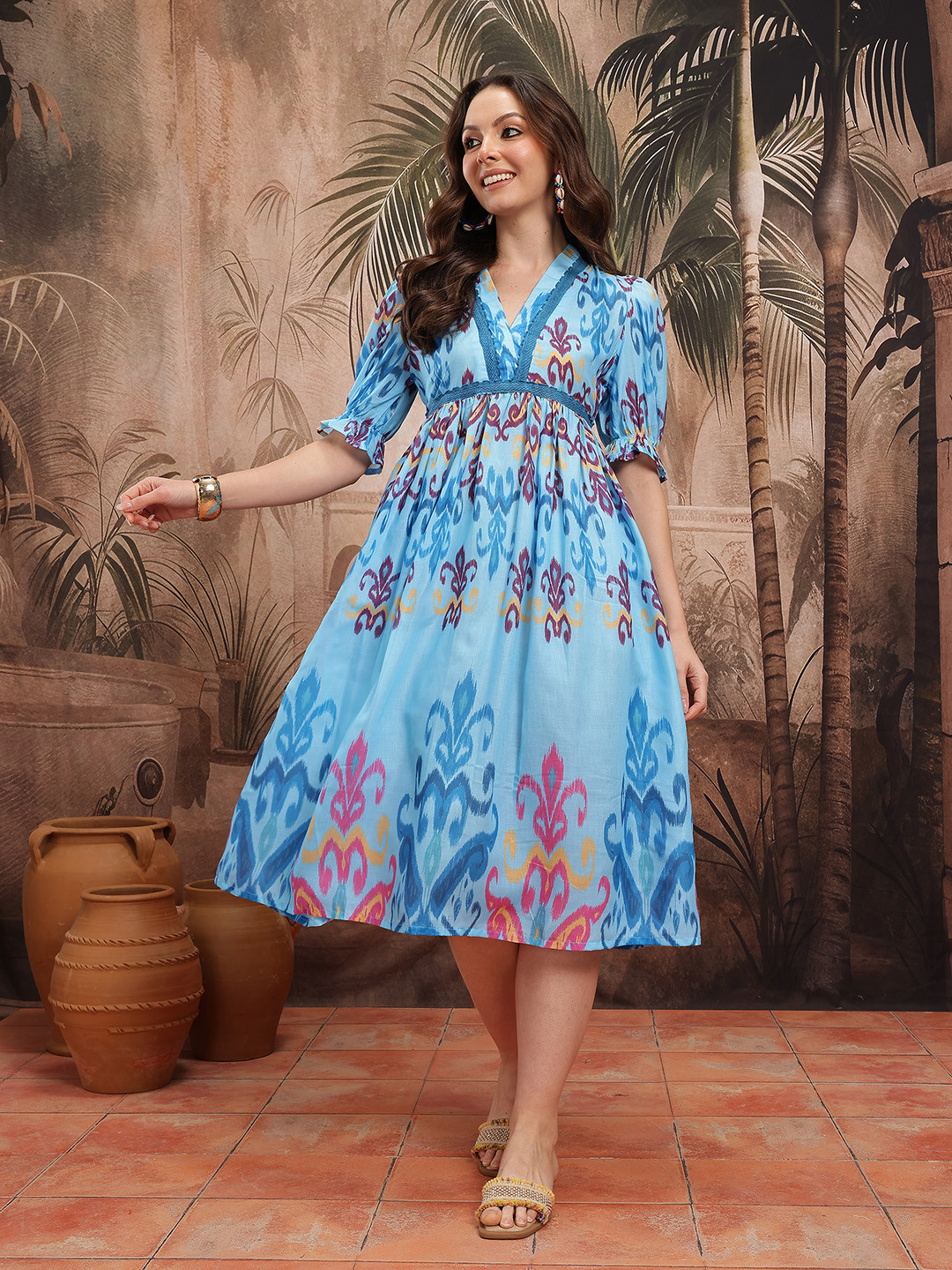 Sangria Abstract Printed Lace Inserts A-Line Ethnic Dress