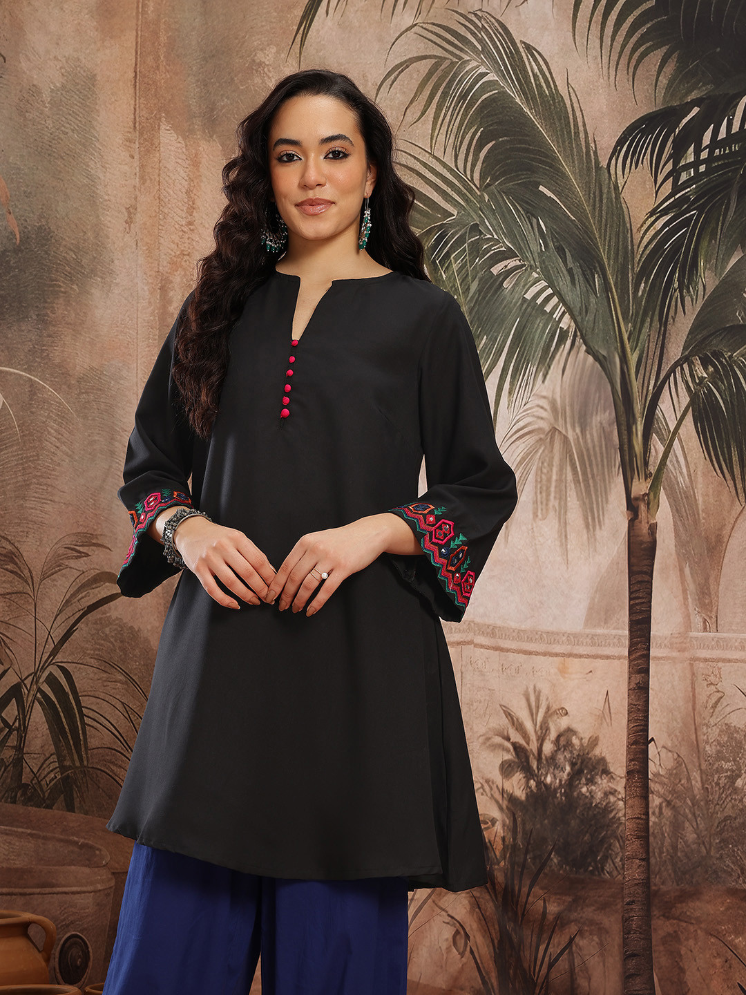 Sangria Geometric Embroidered Mirror Work Detail A-Line Kurta with Mock Buttons