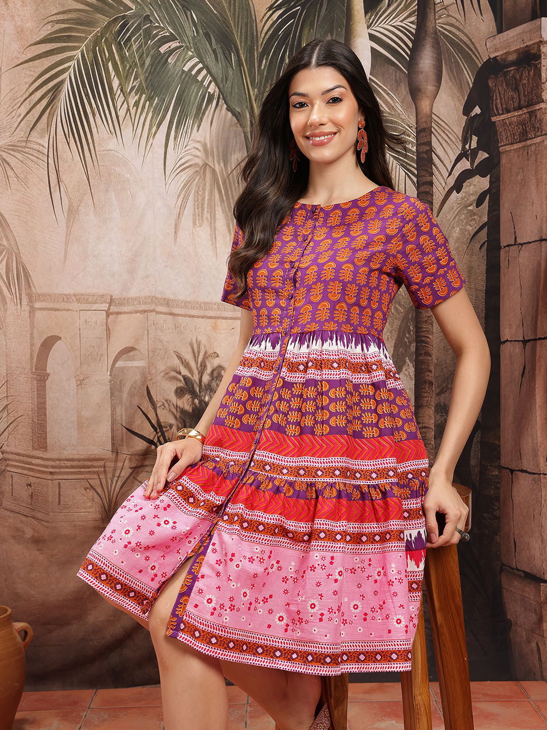 Sangria Floral Print Cotton A-Line Ethnic Dress