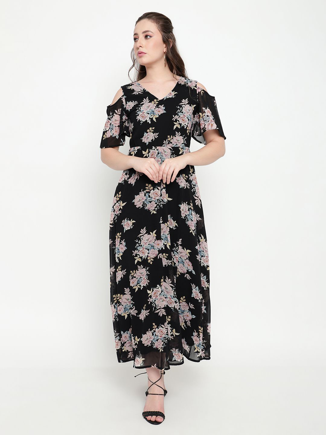Satrisha Women V-Neck Floral Printed Cold-Shoulder Sleeves Maxi Fit and Flare Dress