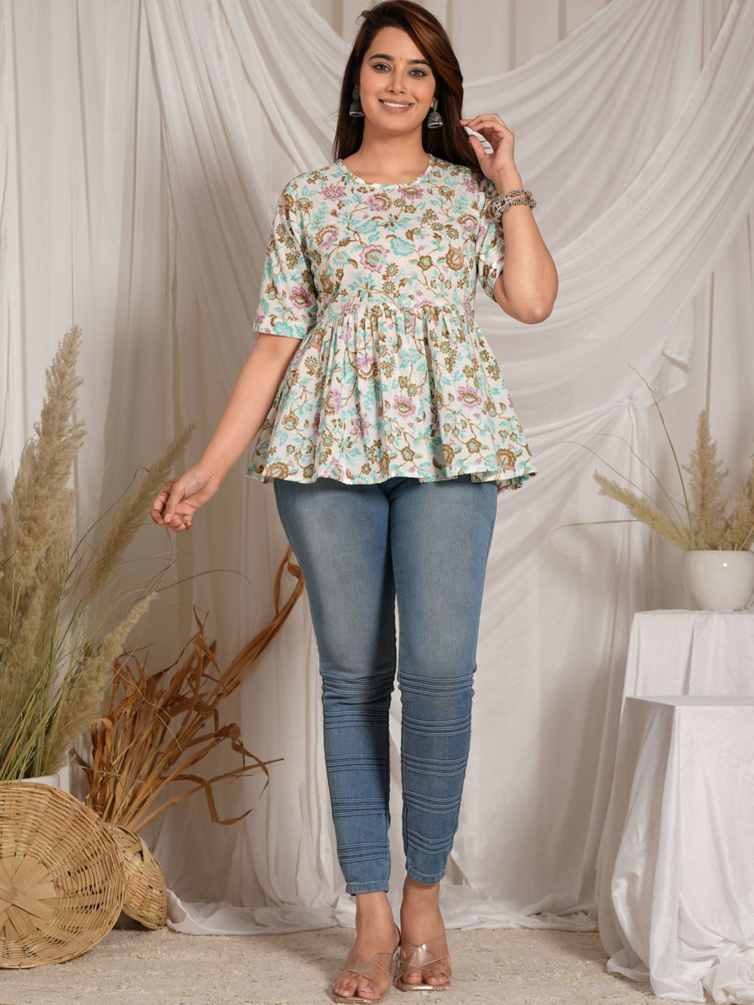 Mehsoos Women Floral Print Cotton Peplum Top