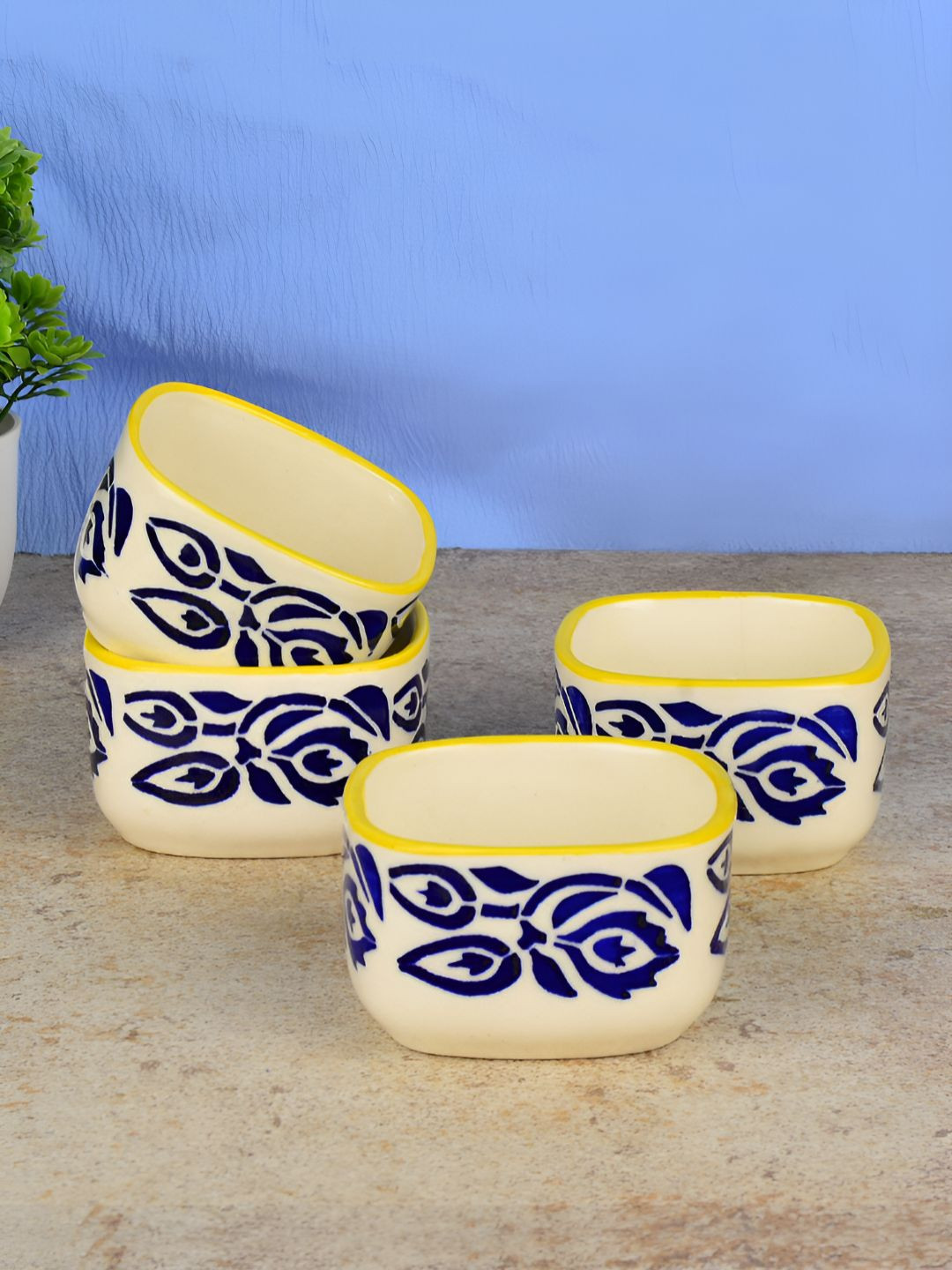StyleMyWay 4 Pcs Hand-Painted Blue & Yellow Ceramic Square Dip Bowls