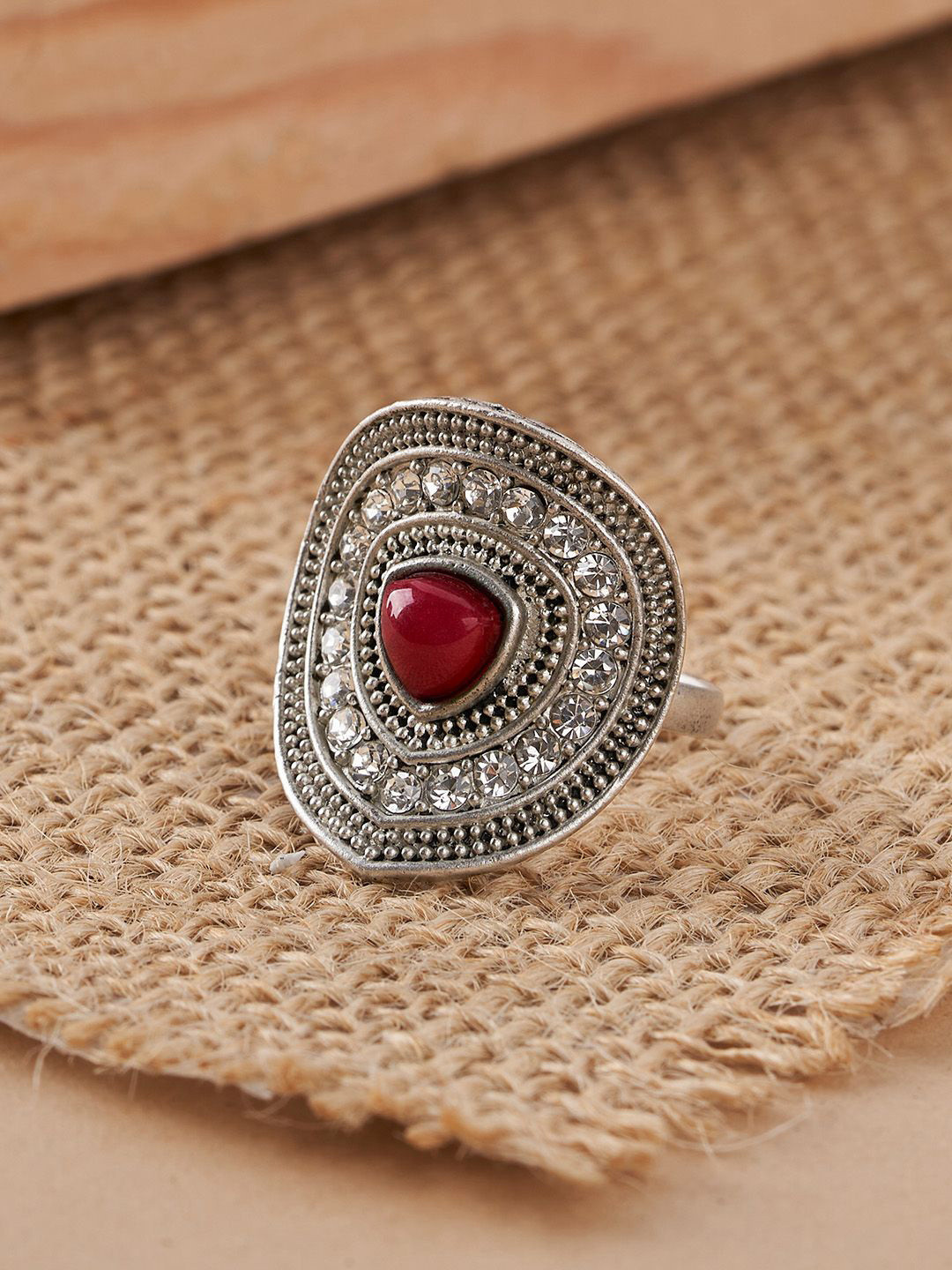 TEEJH Dhani Silver Women Maroon Silver-Plated Gemstone Studded Ring