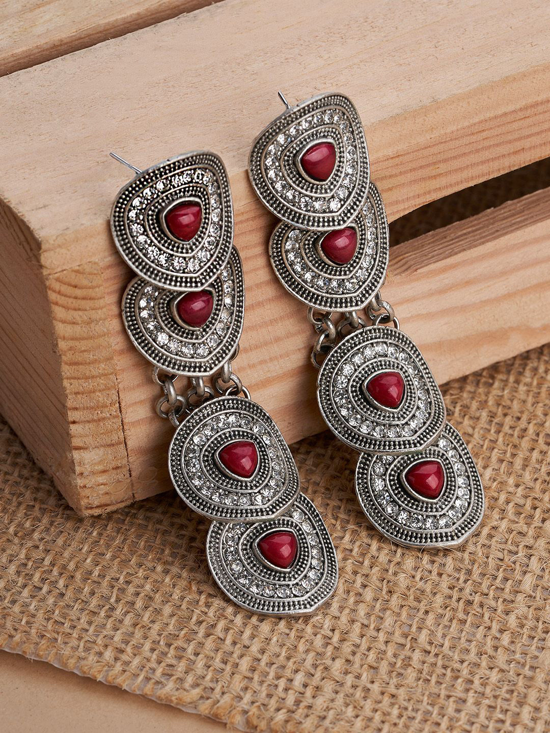 TEEJH Dhanushree Silver-Plated Contemporary Oxidised Drop Earrings