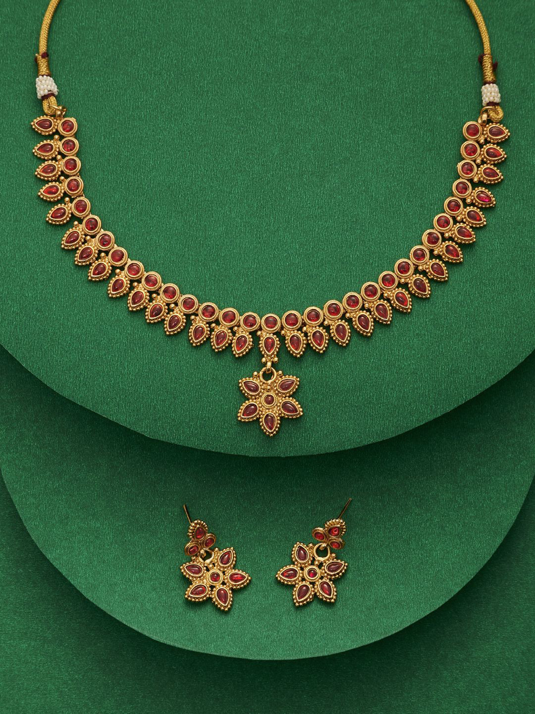 TEEJH Jivika Gold Plated Ruby Studded Jewellery Set