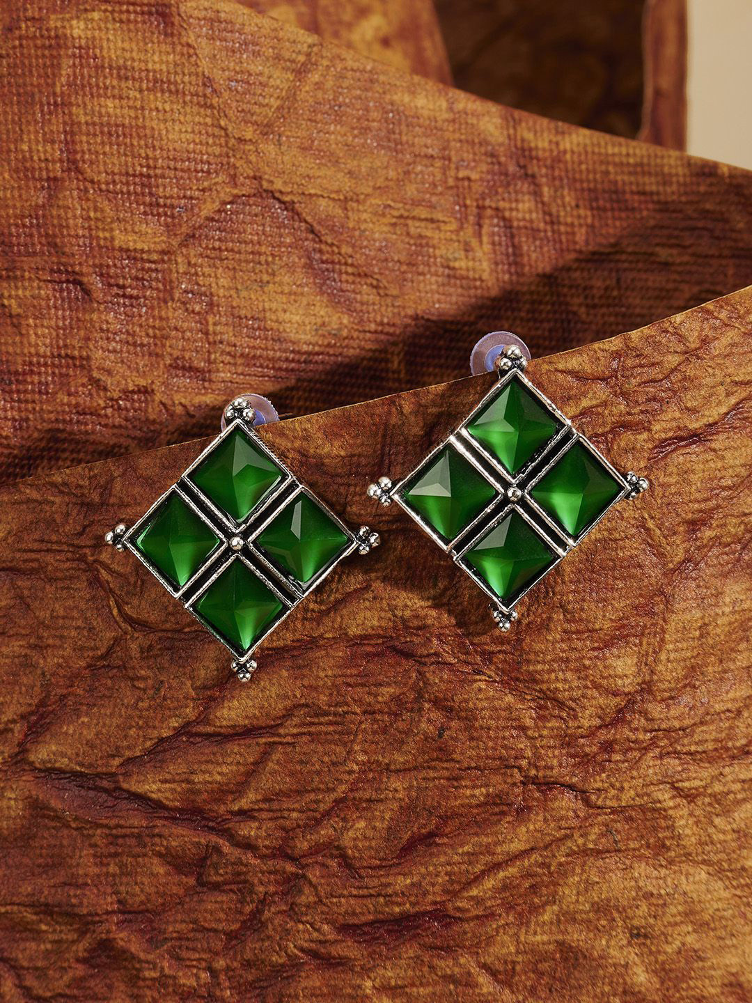 TEEJH Dhamini Silver-Plated Diamond Shaped Oxidised Studs