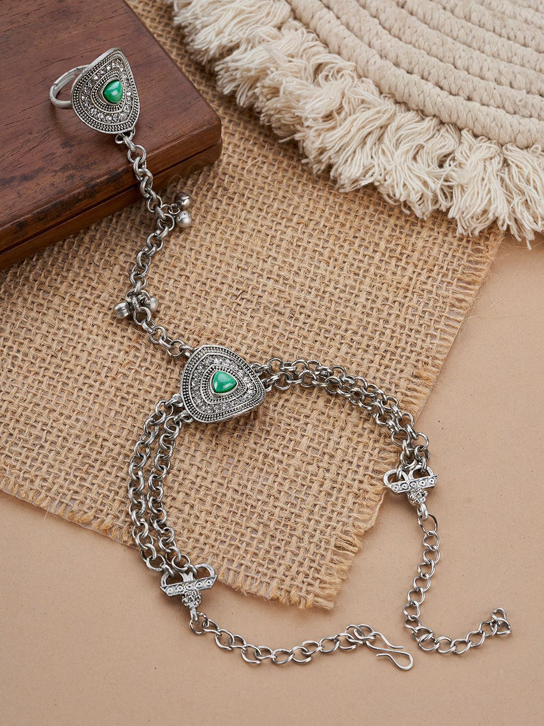 TEEJH Vishruti Turquoise Hathphool Oxidised Silver-Plated Ring Bracelet