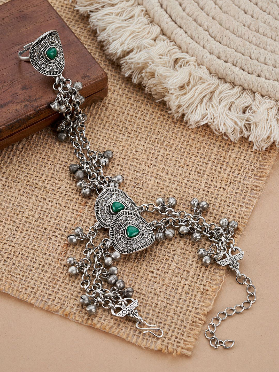 TEEJH Shraddha Hathphool Oxidised Silver-Plated Ring Bracelet