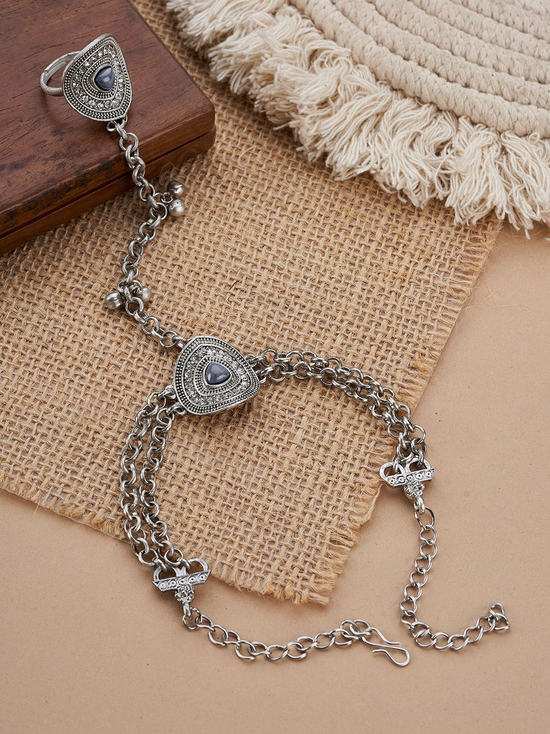 TEEJH Indrila Hathphool Oxidised Silver-Plated Ring Bracelet