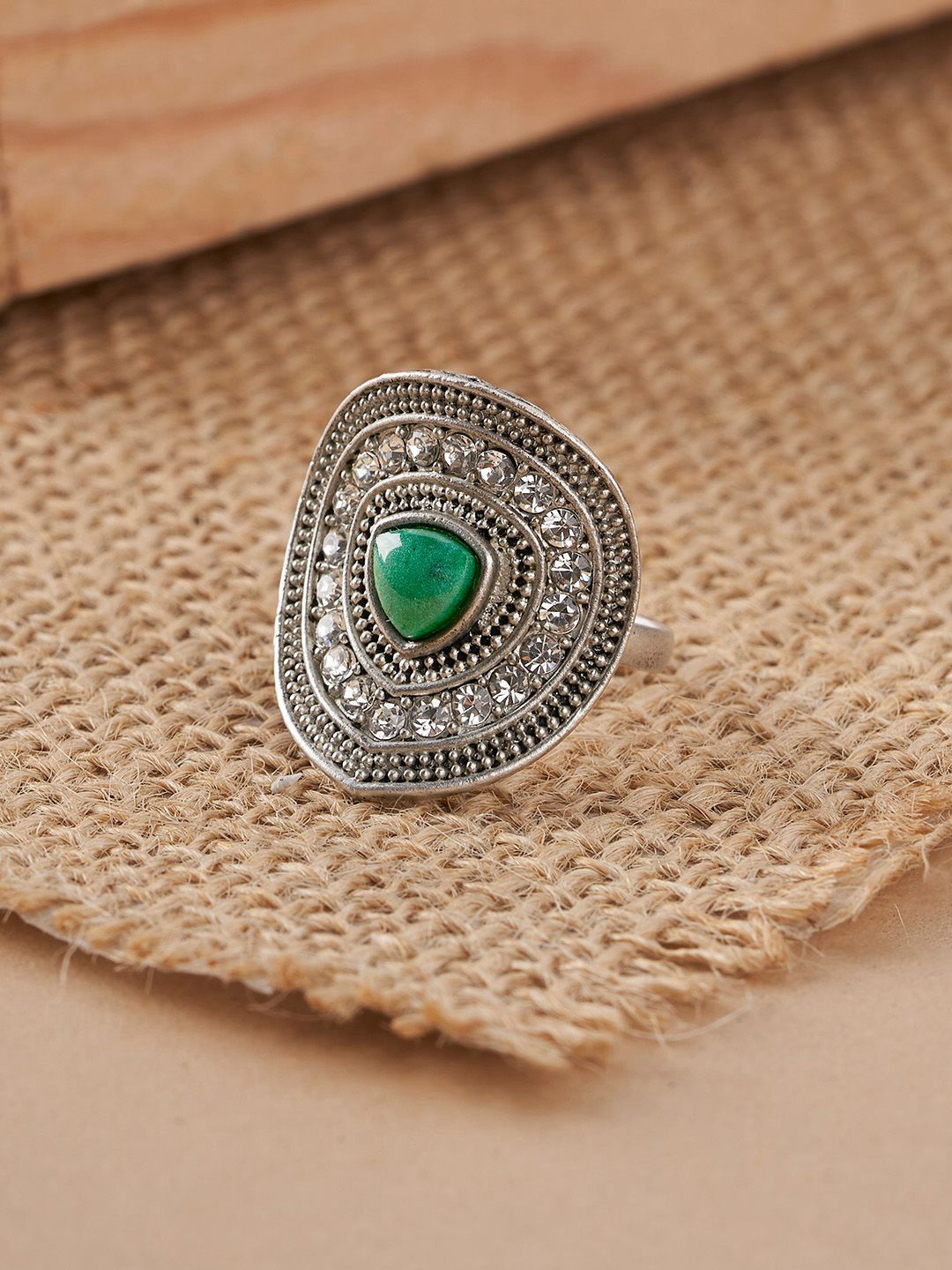 TEEJH Niramayi Silver Women Turquoise Green Silver-Plated Gemstone Studded Ring