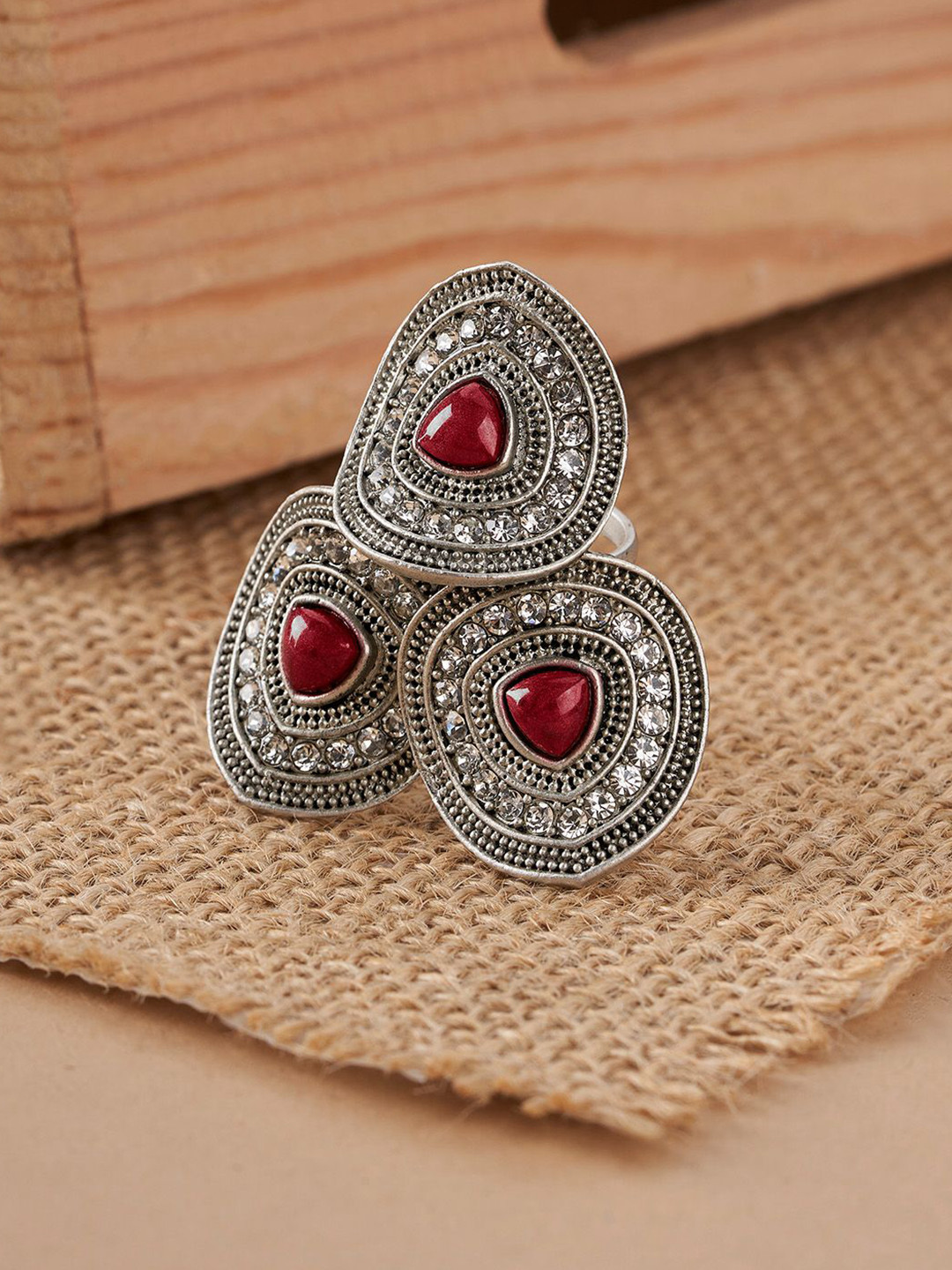 TEEJH Saranya Silver Women Maroon Silver-Plated Gemstone Studded Ring
