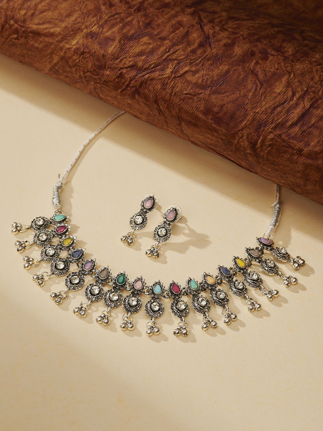 TEEJH Dholi Taro Dhol Baaje Women Silver Plated Artificial Stones and Beads Jewellery Set