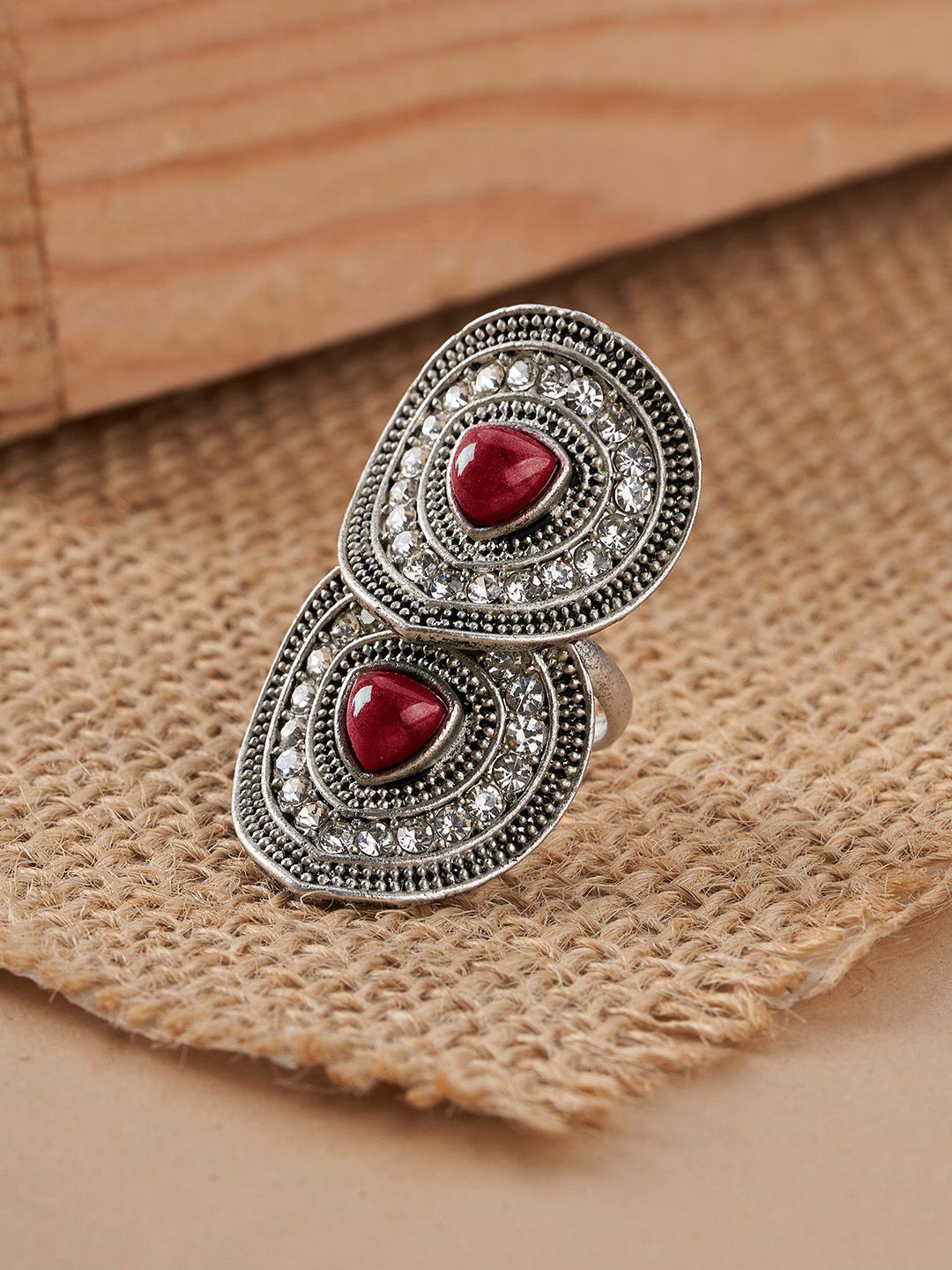 TEEJH Sarama Silver Women Maroon Silver-Plated Gemstone Studded Ring