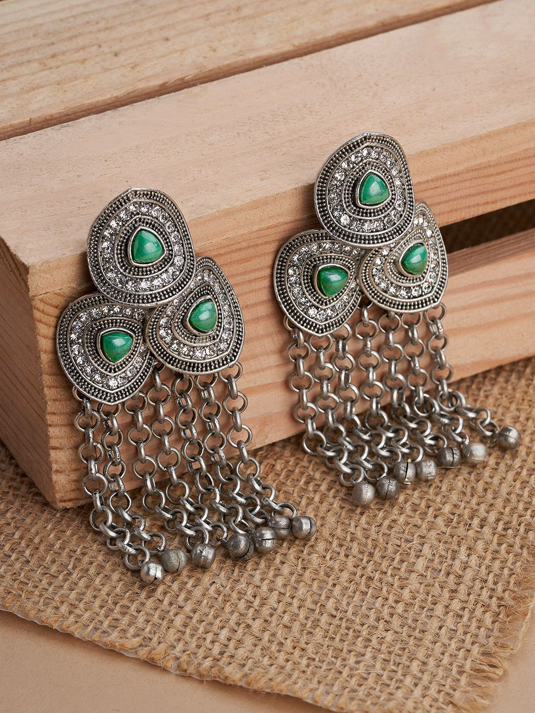 TEEJH Katyani Silver-Plated Contemporary Oxidised Drop Earrings