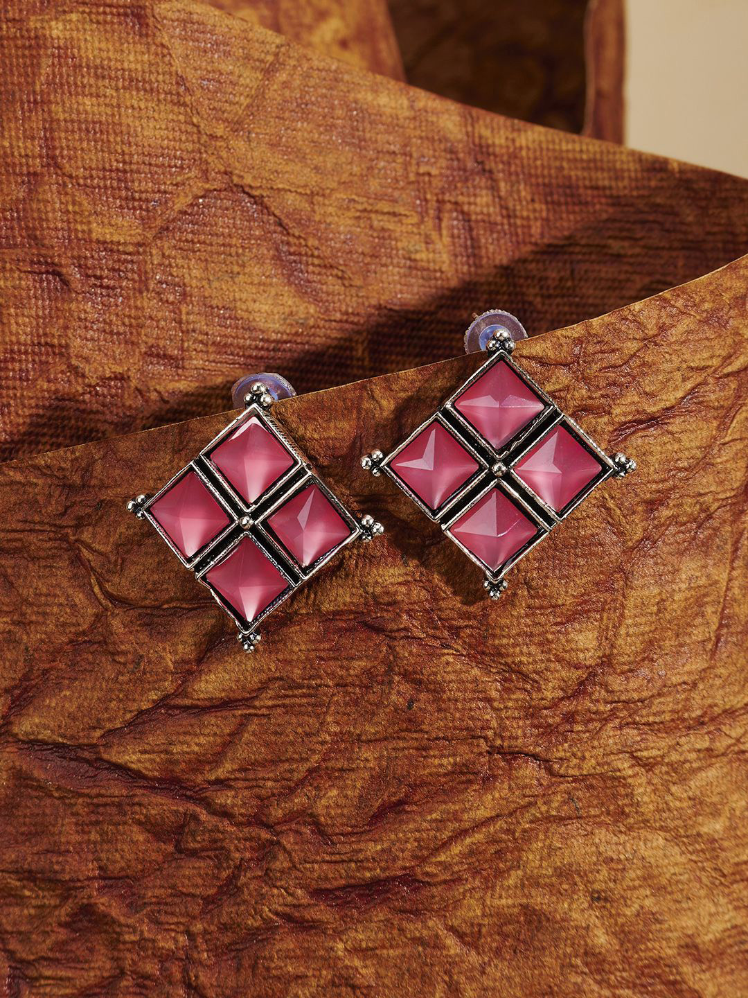 TEEJH Dhamini Silver-Plated Diamond Shaped Oxidised Drop Earrings