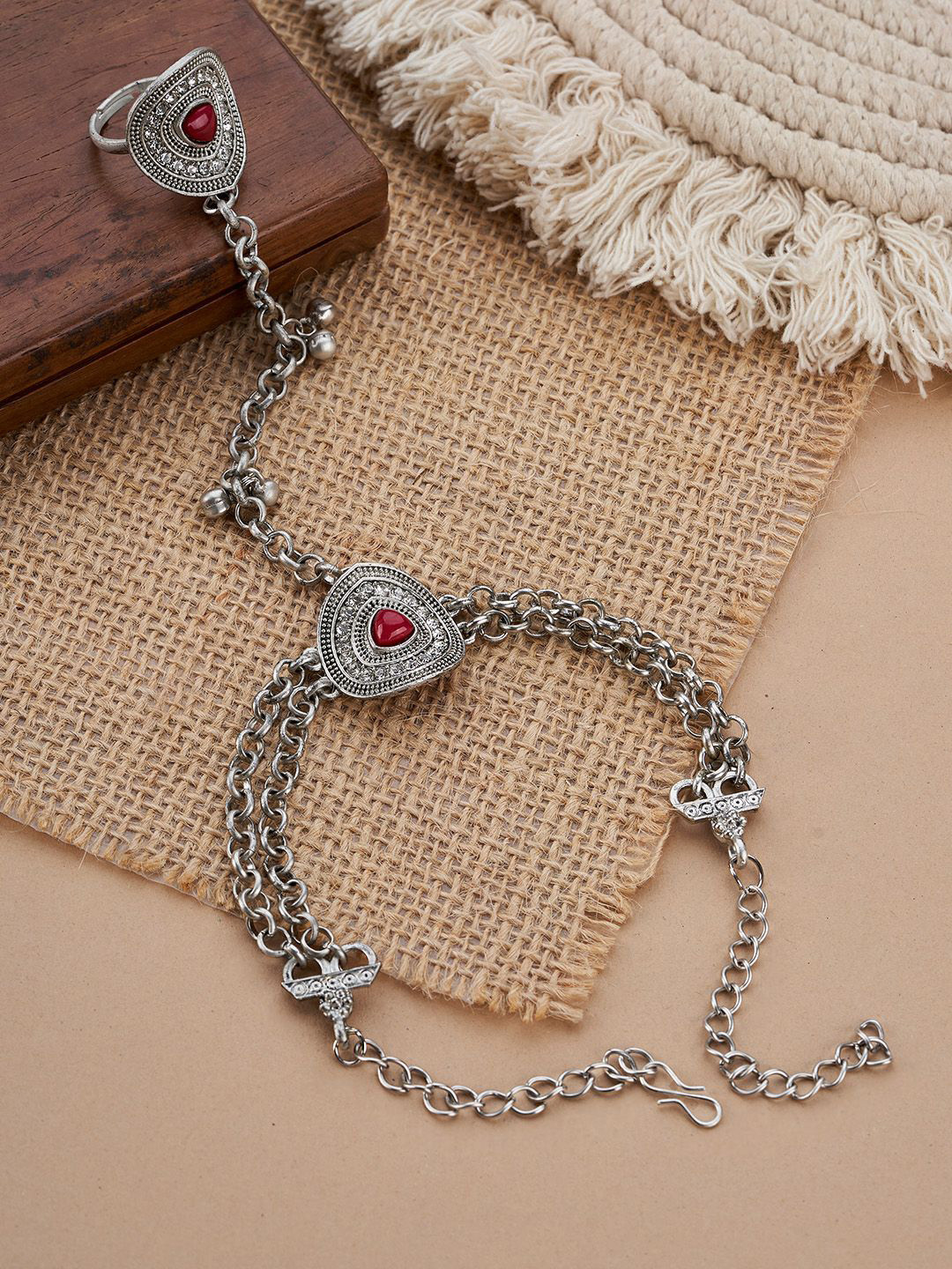 TEEJH Sujata Mehroon Hathphool Oxidised Silver-Plated Ring Bracelet