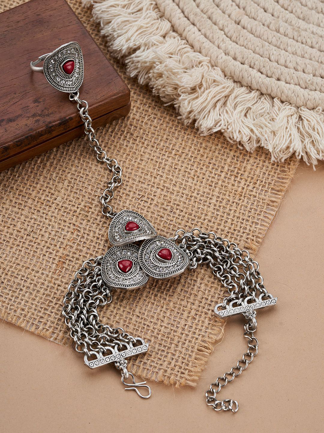 TEEJH Tejal Mehroon Hathphool Oxidised Silver-Plated Ring Bracelet