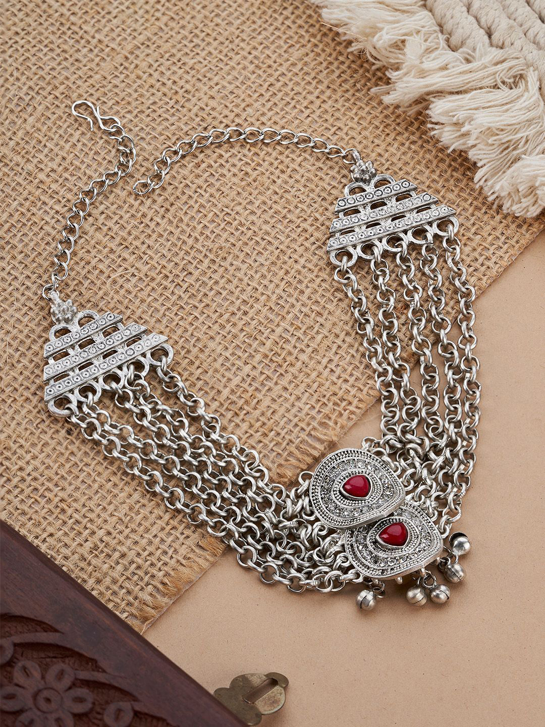 TEEJH Vinata Mehroon Silver-Plated Oxidised Necklace