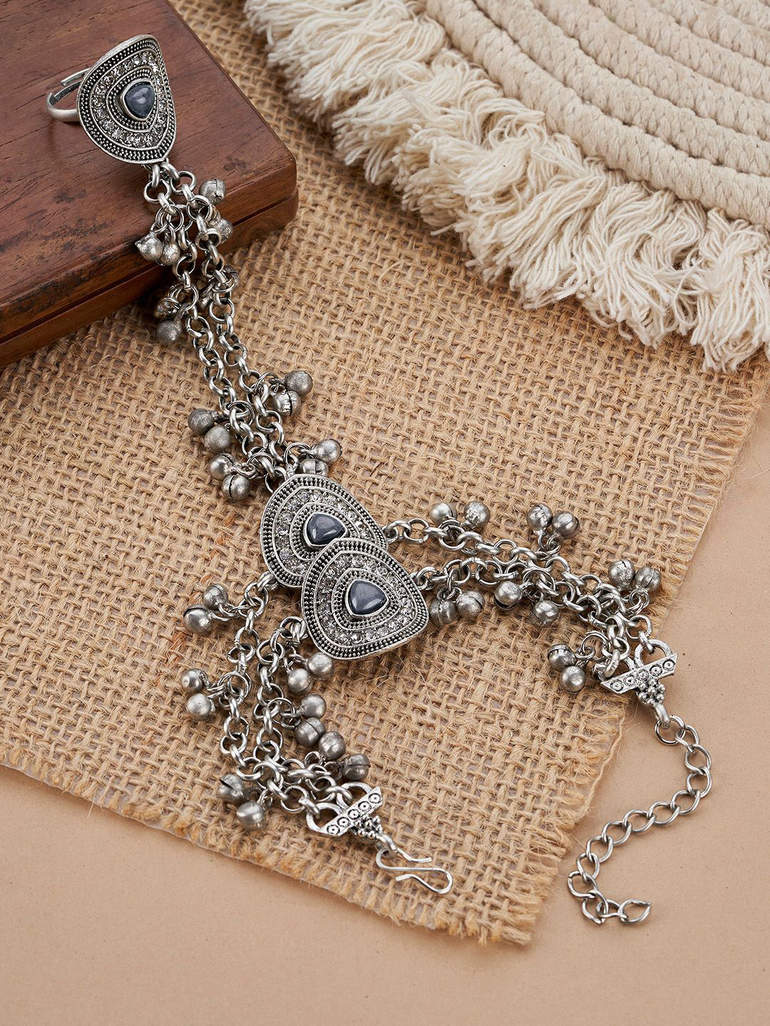 TEEJH Samhita Full Hath Oxidised Silver-Plated Ring Bracelet