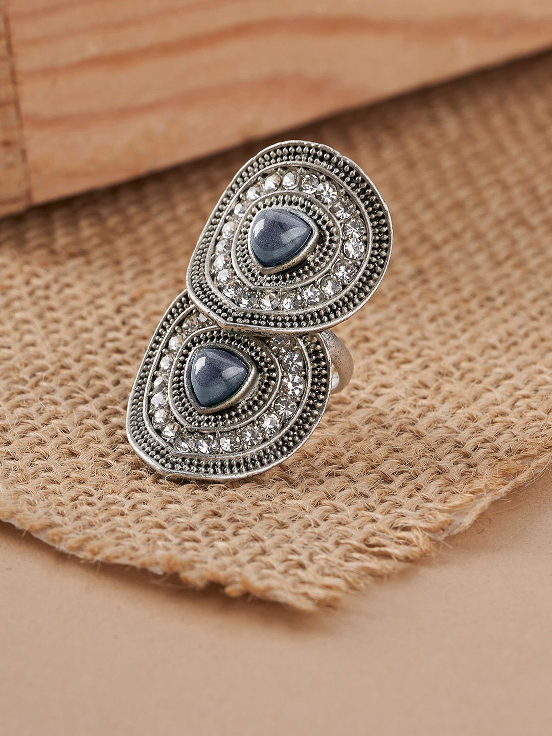TEEJH Adhiya Silver Women Grey Silver-Plated Gemstone Studded Ring